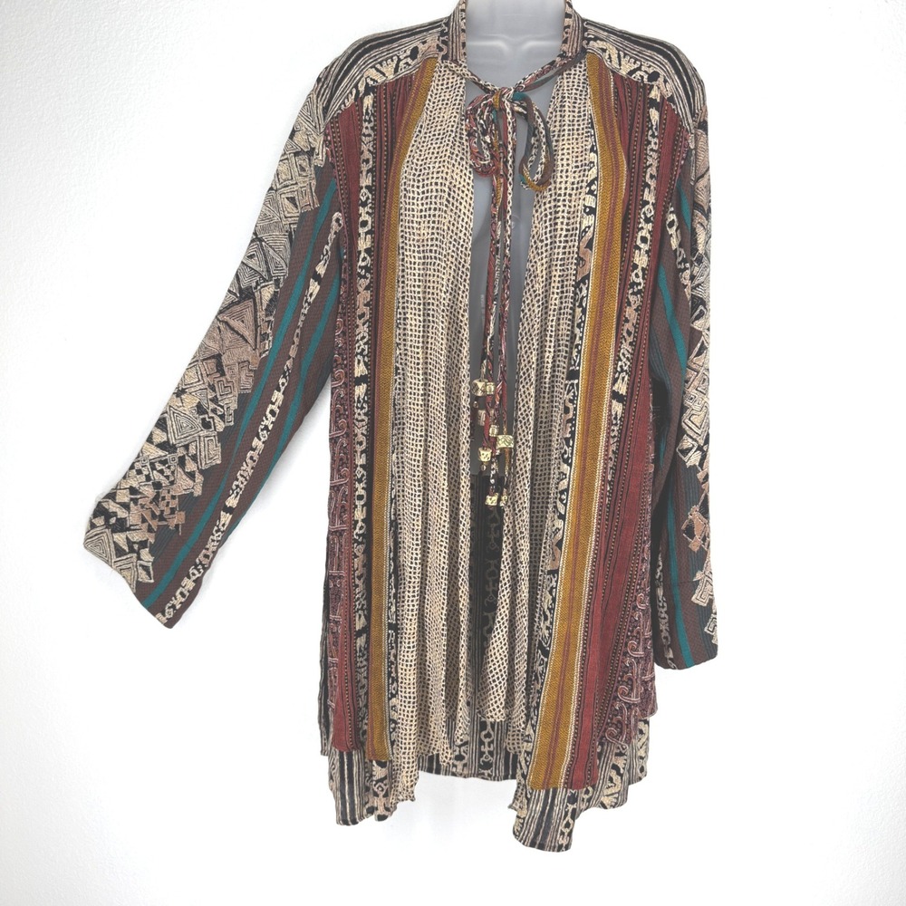 Carole Little Vintage Mixed Print Open Front Boho Cardigan Rayon Beaded Tie 6‎